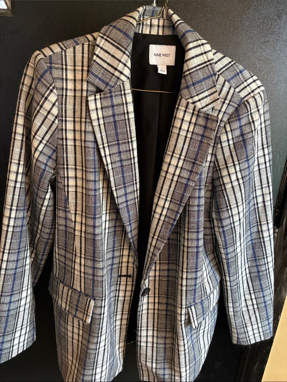 Nine West Cream Black and Blue Plaid Preppy Blazer with pockets